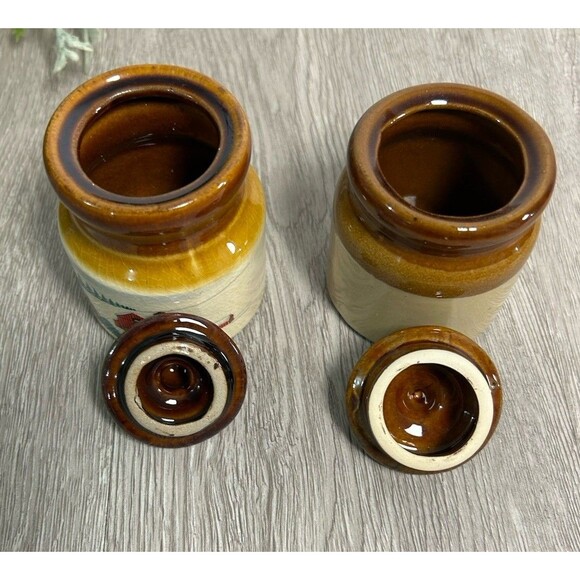 Set Of 2 Vintage Miniature Crock Jars 3” Christmas Winter Scene & Plain Brown - Picture 7 of 10